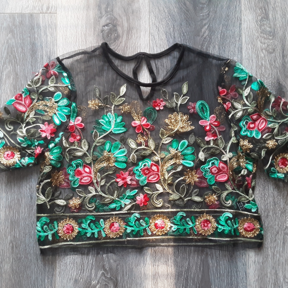 Floral Embroidered Sheer Black Top
